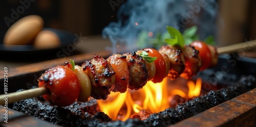 Wallpaper Mural Close-up of juicy Turkish doner kebab being grilled over an open wood fire in a rustic kitchen setting , savory aroma, restaurant kitchen Torontodigital.ca
