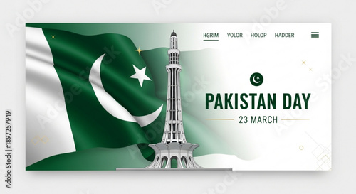 Pakistan day celebration with flag and minar e pakistan monument on white background