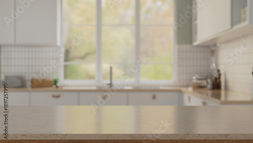 Fotografi Elegance white marble kitchen tabletop with over blurred white kitchen in backgr