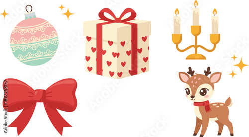 Cute Christmas Elements Set with Gift Box Ornament Bow Reindeer and Candle Holder Cartoon Vector Illustration