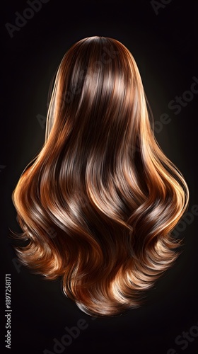 Back View of Long, Wavy Brown Hair with Golden Highlights on Black Background