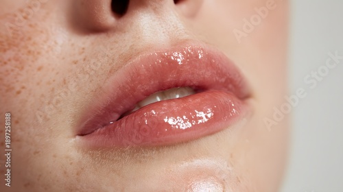 Close-Up of Glossy Lips with Natural Skin Texture