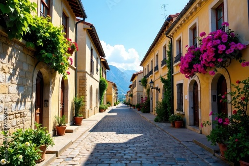 Cobblestone street lined with ancient buildings and blooming flowers, French Riviera, Historic Old Town