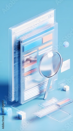 Digital Document Analysis with Magnifying Glass on Blue Background