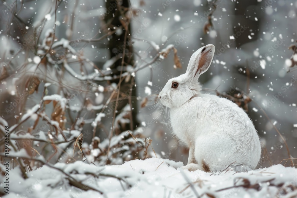 Fototapeta premium White rabbit sitting in a snowy forest during a gentle snowfall