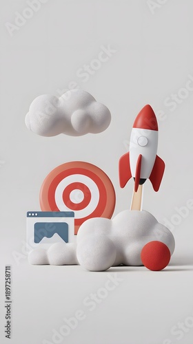 Rocket Launching Toward Target with Clouds and Web Icon