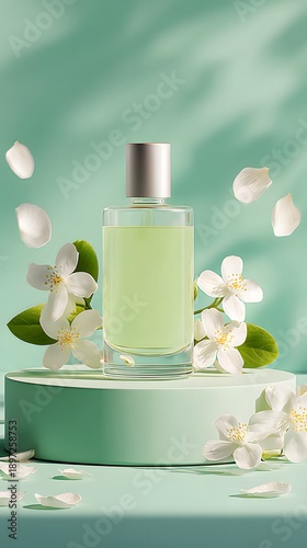 Elegant Green Perfume Bottle with White Flowers on Mint Background