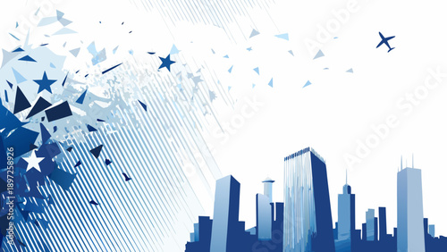 City skyline with a dynamic explosion and a distant airplane