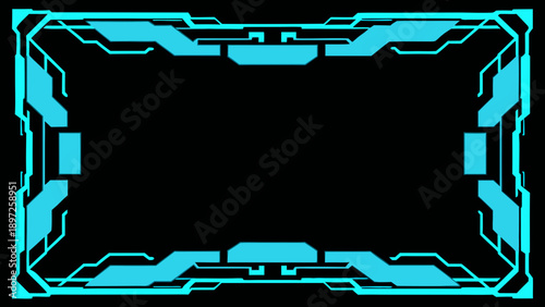 A futuristic cyan frame with geometric details against a black background