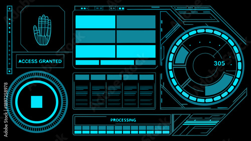 Futuristic interface displaying a hand scan with access granted notification