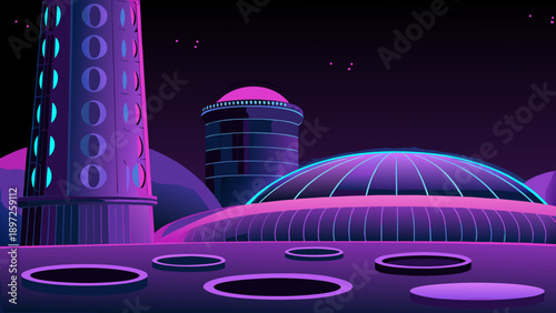 Futuristic cityscape with glowing neon towers and a dark purple sky