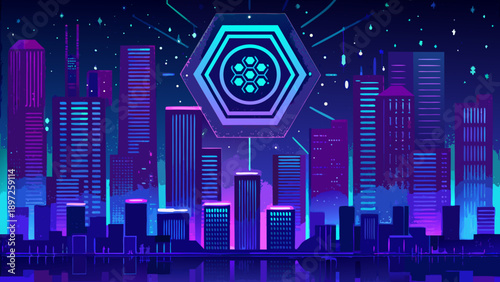 Neon cityscape featuring a futuristic hexagonal symbol glowing above buildings