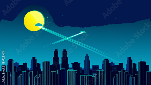 A vibrant cityscape is illuminated by a powerful green laser beam