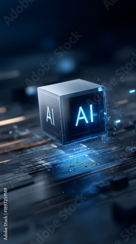 Futuristic AI Cube Hovering Over Digital Circuitry with Glowing Blue Light