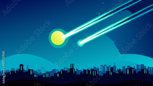 A bright comet streaks across the night sky above a silhouetted cityscape