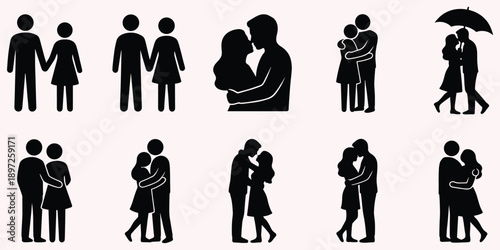 Set of black silhouette icons representing couples in romantic poses on light pink background romance