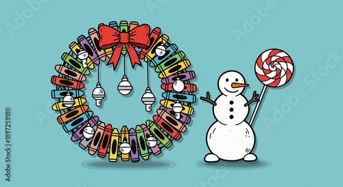 a colorful christmas crayon wreath with festive ornaments alongside a cheerful snowman holding a peppermint swirl lollipop.