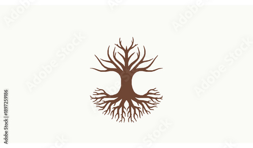 Tree with roots logo vector design with green leaves