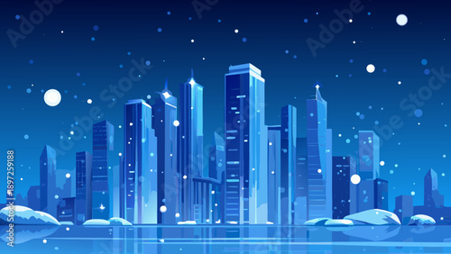 A stylized illustration of a futuristic city skyline at night