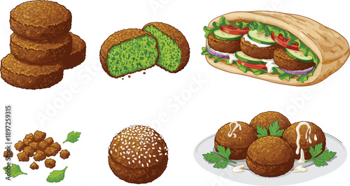 Falafel Balls and Wrap Sandwich Set with Green Filling Middle Eastern Street Food Isolated on White Background Vector