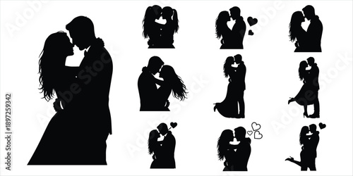 Silhouettes of couples embracing in various romantic poses on white background love romance