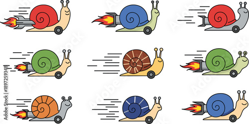 Fast Snail Character Set with Rocket Booster and Wheels for Speed Concept Vector Illustration Isolated on White Background
