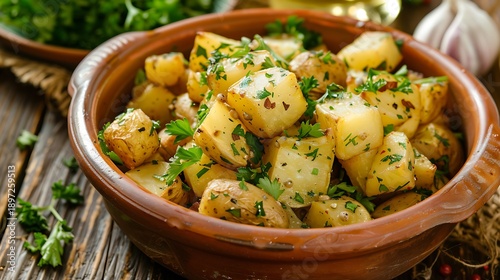 Rustic terracotta bowl showcases roasted baby potatoes tossed generously with fresh green parsley.
