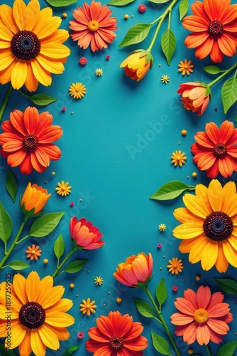 Colorful floral pattern featuring vibrant marigolds and sunflowers on a blue background , caribbean, mexico