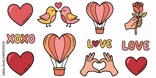 Valentine's Day Icons Featuring Hearts, Lovebirds, Hot Air Balloons, and Hands vector illustration