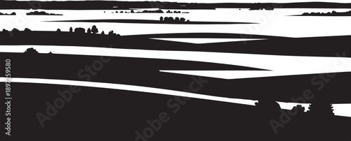 Monochromatic Landscape with Rolling Hills and Silhouetted Trees Black