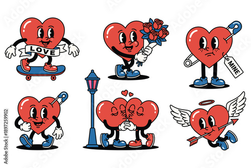 Vintage Cartoon Hearts Expressing Love and Affection in Various Scenarios retro