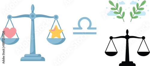 Libra Zodiac Symbol with Balance Scale Heart Star and Nature Elements Cartoon Vector Illustration Set