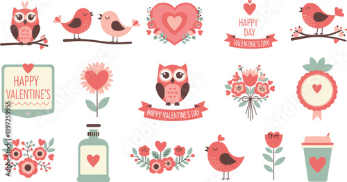 Valentine's Day themed illustrations with owls, birds, flowers, hearts, and gifts love romantic