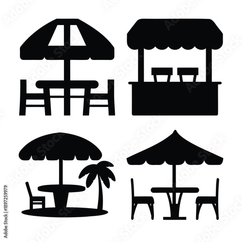 Outdoor dining and market stall icon set showing umbrellas, tables, chairs, and a vendor booth