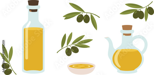 Olive Oil Bottle and Glass Jug with Fresh Olive Branches and Bowl Isolated Healthy Food Illustration