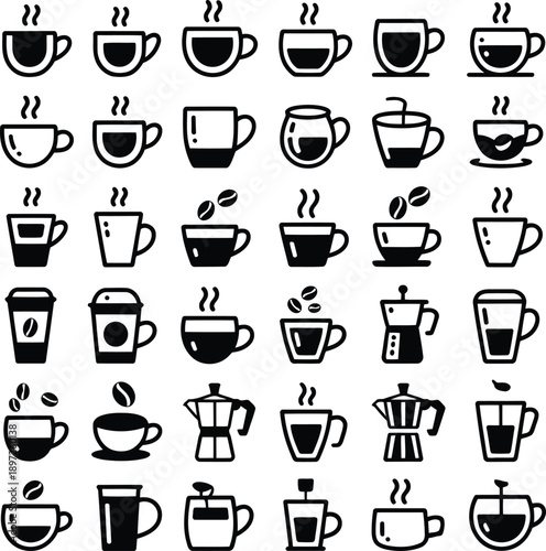 Collection of modern coffee cup icons in black and white