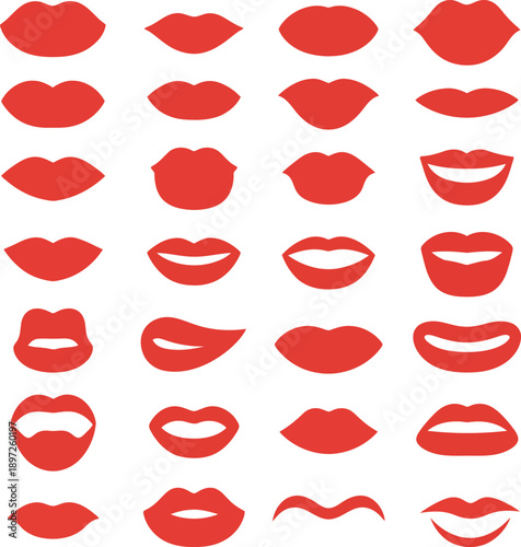 Variety of red lips shapes and expressions on white