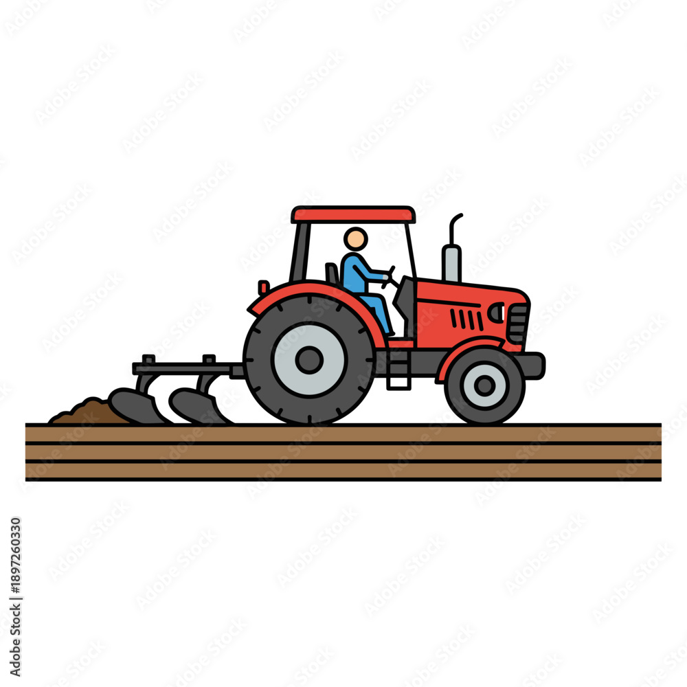 Fototapeta premium Red tractor plowing agricultural field isolated on white background farming and cultivation concept