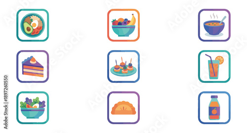 Colorful food icons collection for various dietary needs and culinary concepts