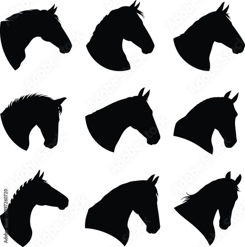 Set of elegant horse head silhouettes for design projects