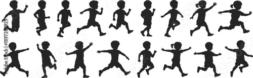 Dynamic black silhouettes of children in a variety of running and jumping poses illustrating active childhood and energetic outdoor activities