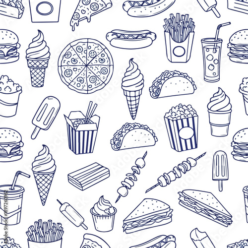 Fast Food Frenzy: Blue Doodle Pattern Design
