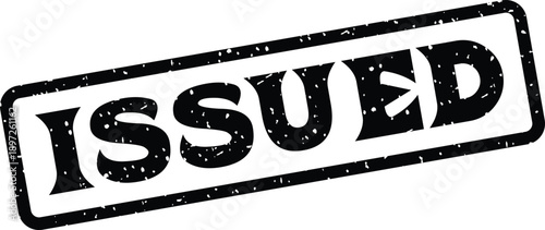 A black grunge rubber stamp featuring the word ISSUED is prominently positioned against a pristine white surface