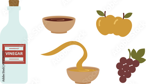 Vinegar Bottle with Apple Cider Vinegar Pouring Apples and Grapes Set Isolated Food Ingredient Illustration