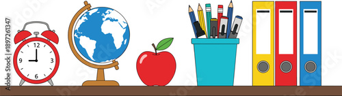 Educational school supplies vector illustration with alarm clock, globe, apple, writing instruments, and binders, organized shelf design for learning, office, classroom, and study projects