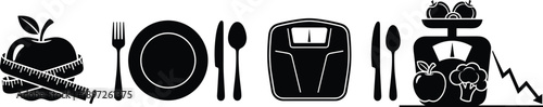 Healthy diet and nutrition icons vector illustration with apple, plate, weighing scale, fruits, vegetables, and weight loss symbol for fitness, wellness, and lifestyle projects
