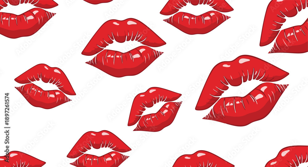 Fototapeta premium Red lipstick kiss marks on white background.