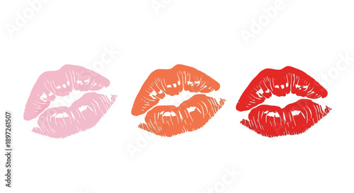 Three colorful lipstick kiss marks on a white background.