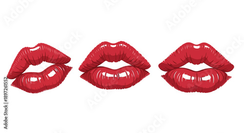 Three vibrant red lips in various poses, showcasing beauty and expression.