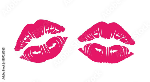 Vibrant pink lipstick kiss marks on a white background.